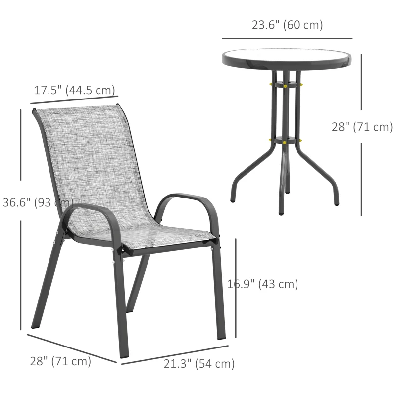 Outsunny 3 Pieces Bistro Set, Small Patio Furniture Set with Stackable Mesh Chairs, Glass Table for Garden, Balcony, Grey