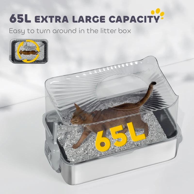 PawHut Extra Large Stainless Steel Litter Box, Enclosed Cat Litter Box with Scoop, Top Entrance, Non-slip Pads, Black