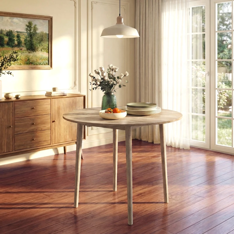 HOMCOM Folding Dining Table, Round Drop Leaf Kitchen Table for Small Spaces with Wood Legs, Oak