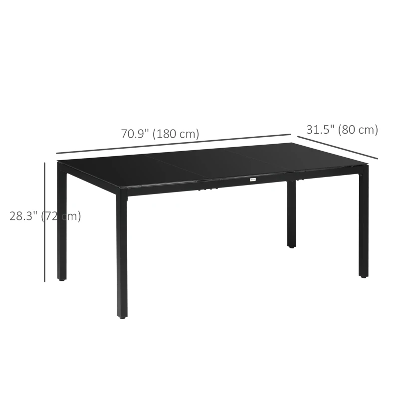 Outsunny Rectangular Outdoor Dining Table for 8 People with Tempered Glass Top and Aluminum Frame, Black 70.9" x 31.5" x 28.3"