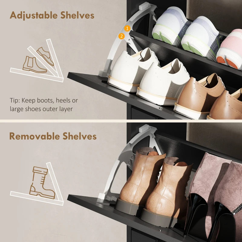 HOMCOM Farmhouse Shoe Storage Cabinet with Side Cabinet and Adjustable Shelves for Entryway, Hallway, Holds 12 Pairs, Black