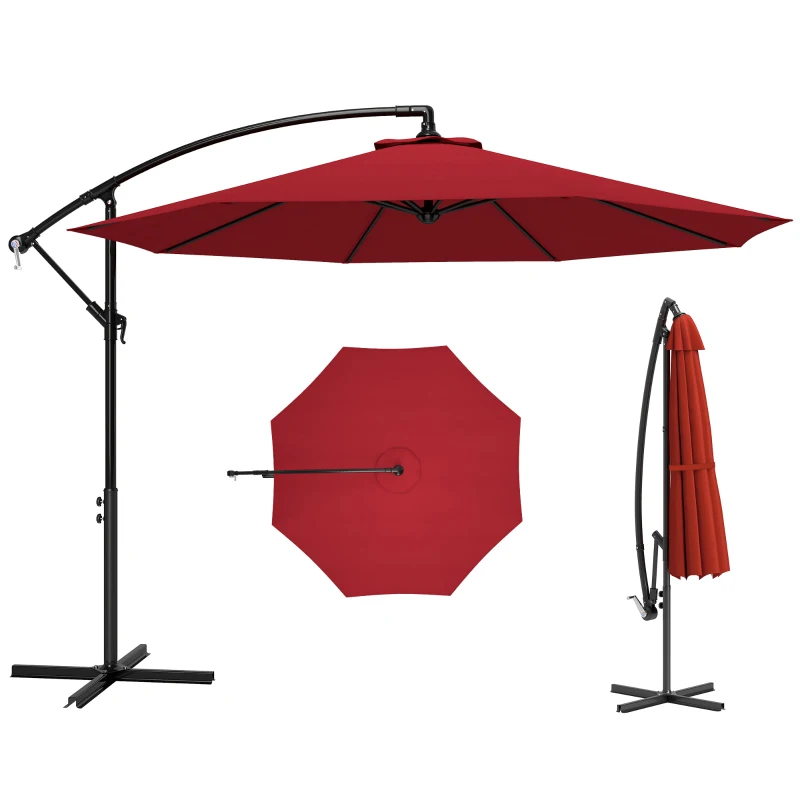 Outsunny 9.7ft Offset Patio UmbrellaCantilever Parasol with Crank Handle, 8 Ribs and Cross Base for Outdoor, Sun Shade, Wine Red