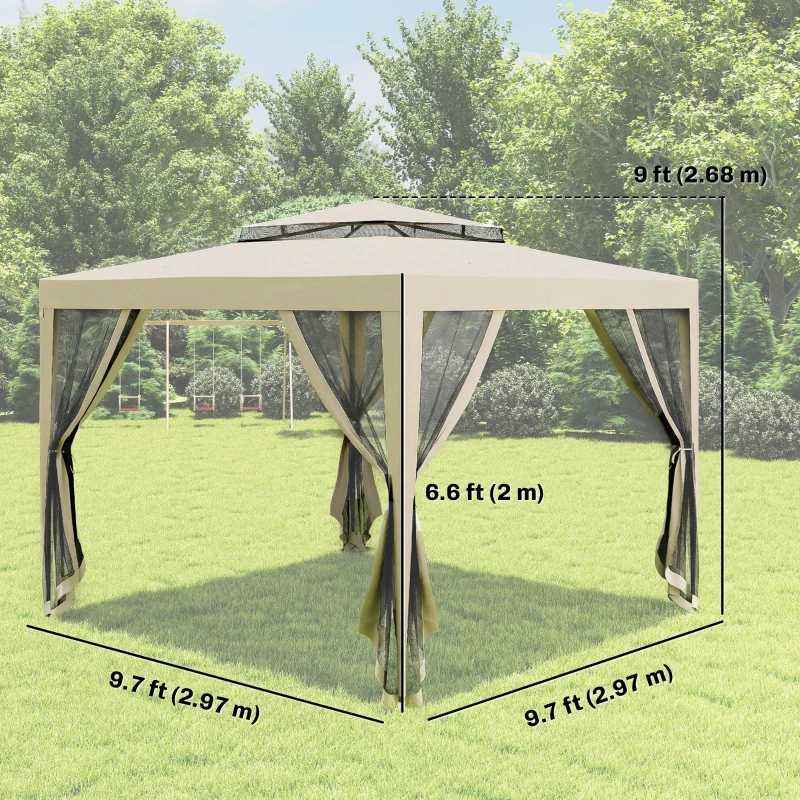 Outsunny 10' x 10' Canopy Tent, Party Tent with Mesh Netting and Double Tier Roof for Backyard, Garden, Patio, Outdoor, Beige