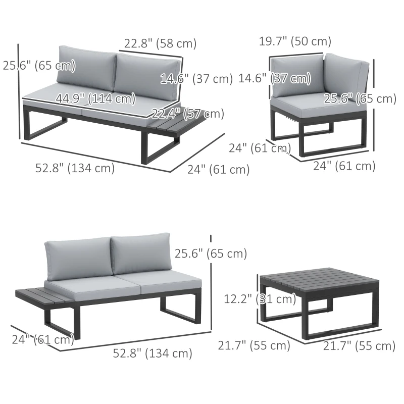 Outsunny 4 Pieces Outdoor Patio Furniture Set, 5-Level Reclining Garden Corner Sofa Set, Outdoor Lounge Conversation Sectional