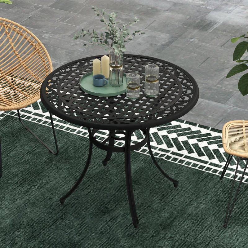 Outsunny 35.5" Round Outdoor Dining Table for 2-4, Cast Aluminum Garden Patio Table with 2" Umbrella Hole, Grid Top, Black