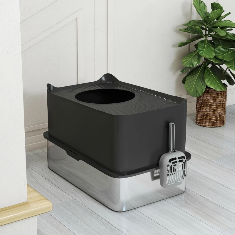PawHut Extra Large Stainless Steel Litter Box, Enclosed Cat Litter Box with Scoop, Top Entrance, Non-slip Pads, Black