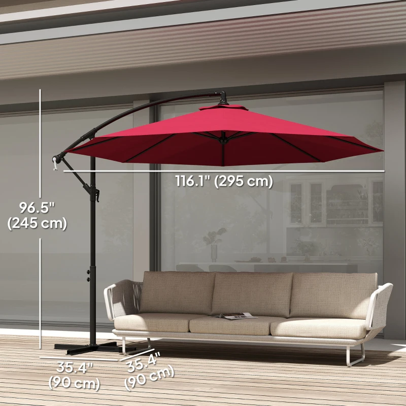Outsunny 9.7ft Offset Patio UmbrellaCantilever Parasol with Crank Handle, 8 Ribs and Cross Base for Outdoor, Sun Shade, Wine Red