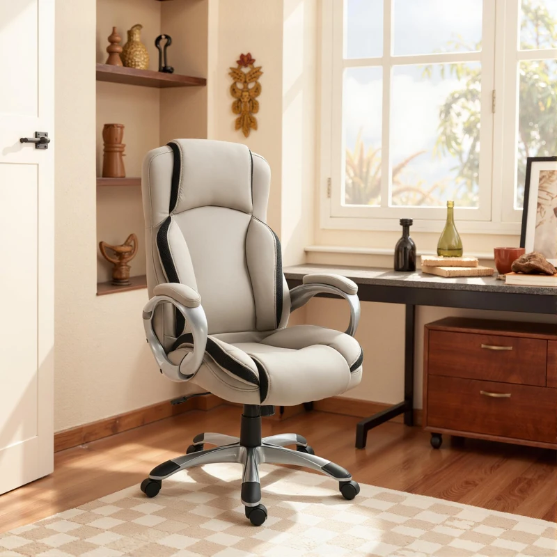 Vinsetto Ergonomic Office Chair PU Leather Executive on Rolling Wheels Task Computer Height Adjustable Swivel Ergonomic, Greige and Black