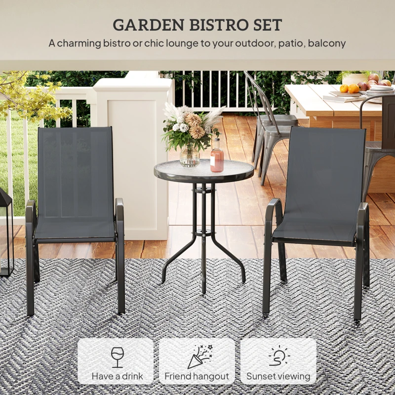 Outsunny 3 Pieces Bistro Set, Small Patio Furniture Set with Stackable Mesh Chairs, Glass Table for Garden, Balcony, Dark Grey