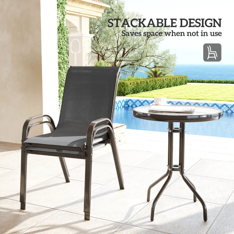 Outsunny 3 Pieces Bistro Set, Small Patio Furniture Set with Stackable Mesh Chairs, Glass Table for Garden, Balcony, Dark Grey