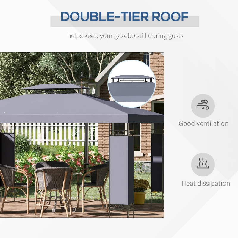 Outsunny 10' x 13' Outdoor Gazebo, Double Roof Patio Gazebo Canopy Shelter with Screen Decorate Corner Frame, Grey