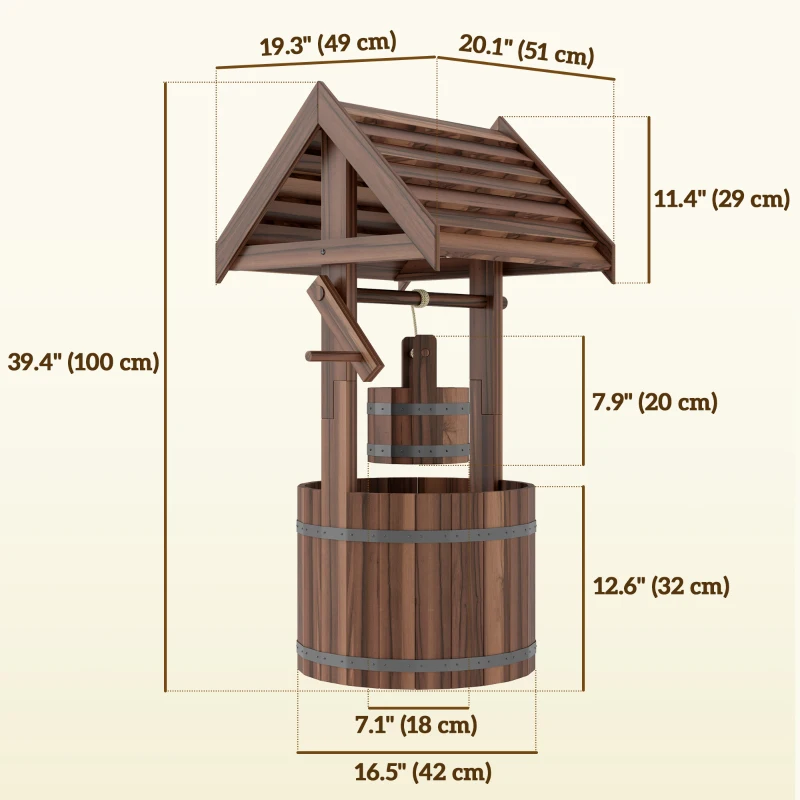 Outsunny Wood Wishing Well Outdoor Wooden Planter with Hanging Bucket and Drainage Hole for Garden, Patio, Backyard, Tan