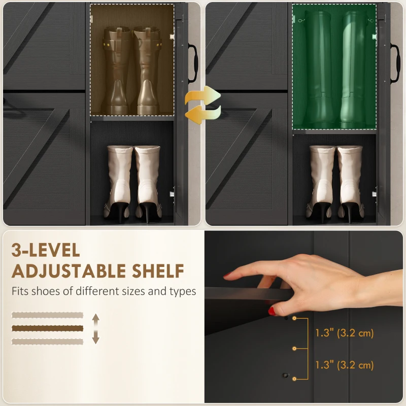 HOMCOM Farmhouse Shoe Storage Cabinet with Side Cabinet and Adjustable Shelves for Entryway, Hallway, Holds 12 Pairs, Black