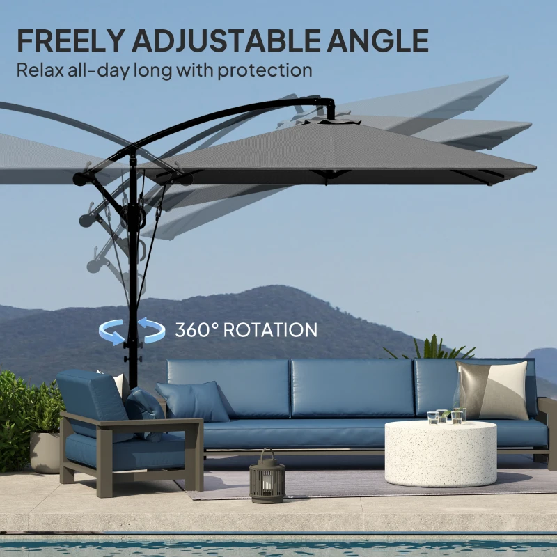 Outsunny Patio Offset Umbrella UPF 50+ UV Protection, Crank Parasol with Base, Cover & Wind Securing, Khaki