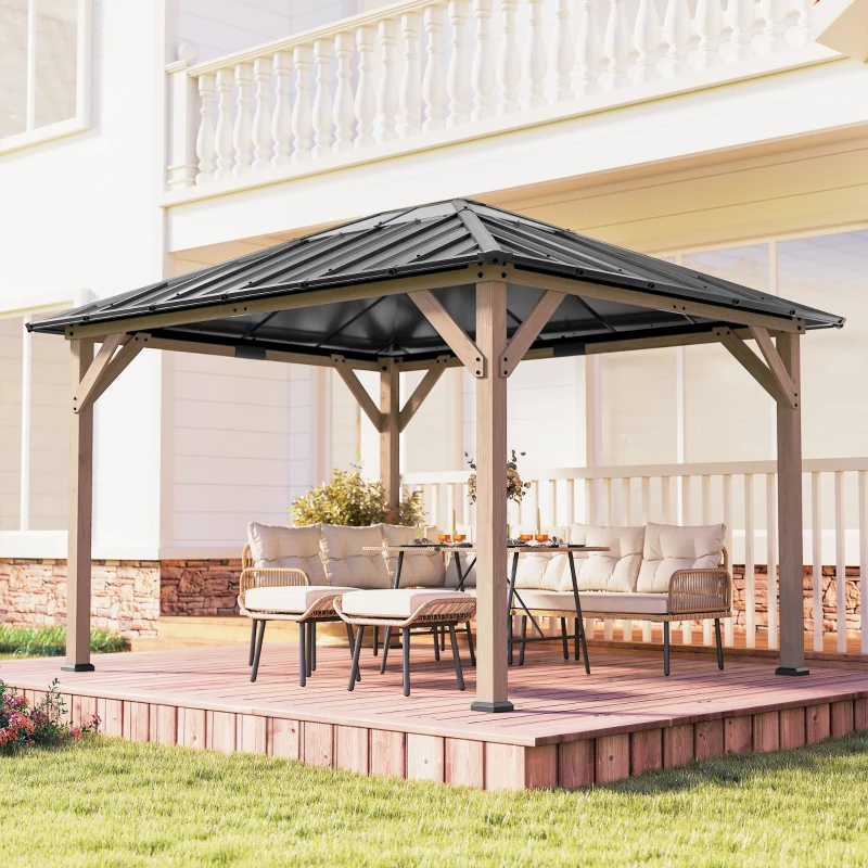 Outsunny 10' x 12' Hardtop Gazebo with Galvanized Steel Roof, UPF50+ Wood Permanent Pavilion with Clear Roof Top, Light Walnut