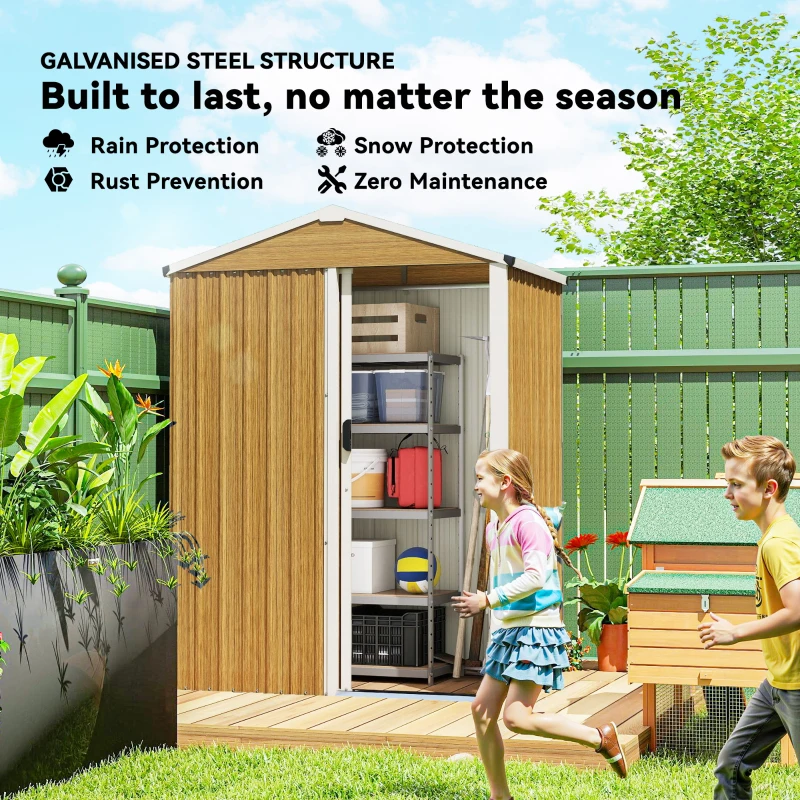 Outsunny 4.5 x 3ft Outdoor Storage Shed, Waterproof Metal Garden Shed with Lockable Door for Backyard, Patio, Lawn, Wood Grain