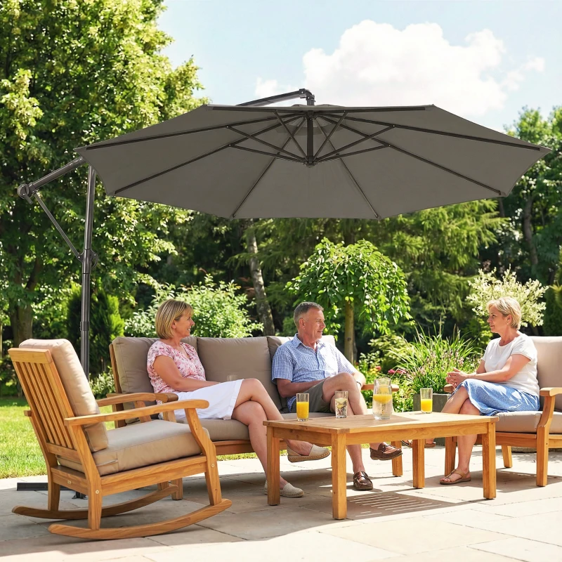 Outsunny 10 ft Offset Patio Umbrella with Cover, Hanging Cantilever Umbrella with 360° Rotation, Crank Handle, Tilt, Gray