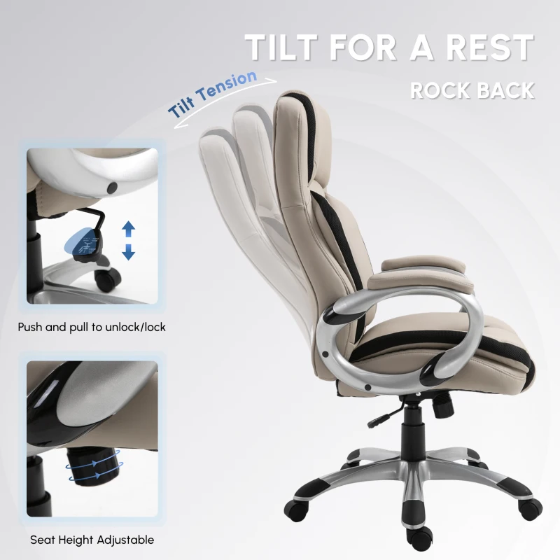 Vinsetto Ergonomic Office Chair PU Leather Executive on Rolling Wheels Task Computer Height Adjustable Swivel Ergonomic, Greige and Black