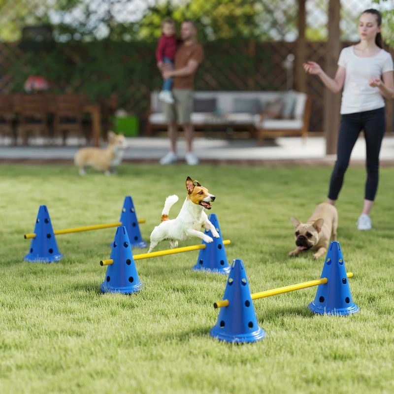 PawHut Dog Agility Hurdle Cone Set, Adjustable Obstacle Course Equipment with 6 Cones & 6 Poles, Carry Bag, Blue