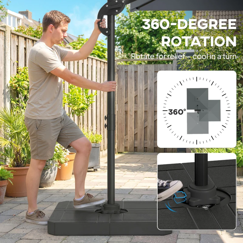 Outsunny 8' x 8' Offset Cantilever Patio Umbrella with Base Weights, UPF50+ Cantilever Parasol with 360° Rotation, Dark Grey