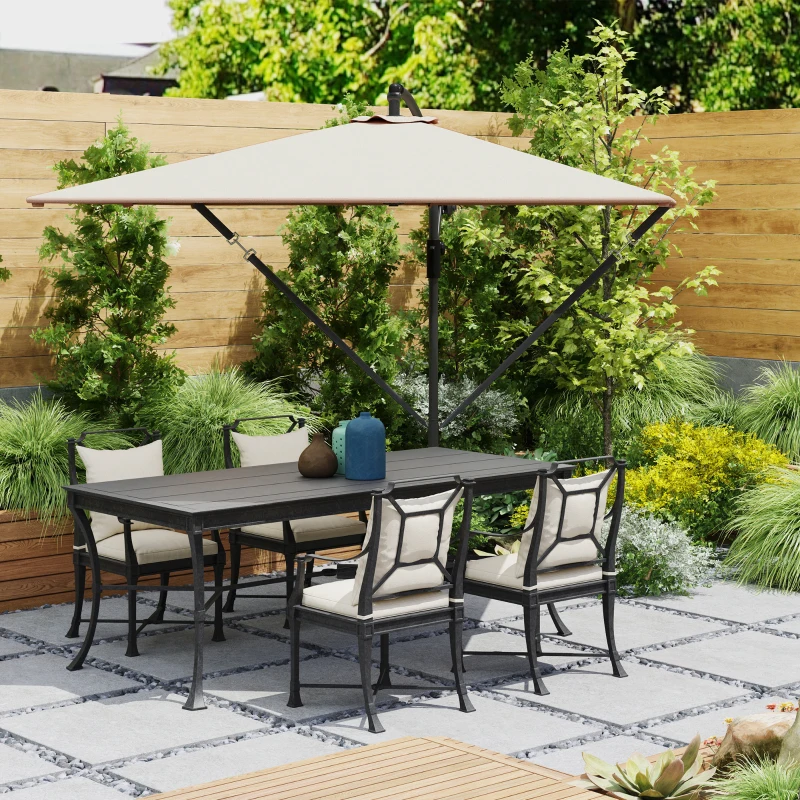 Outsunny Patio Offset Umbrella UPF 50+ UV Protection, Crank Parasol with Base, Cover & Wind Securing, Khaki