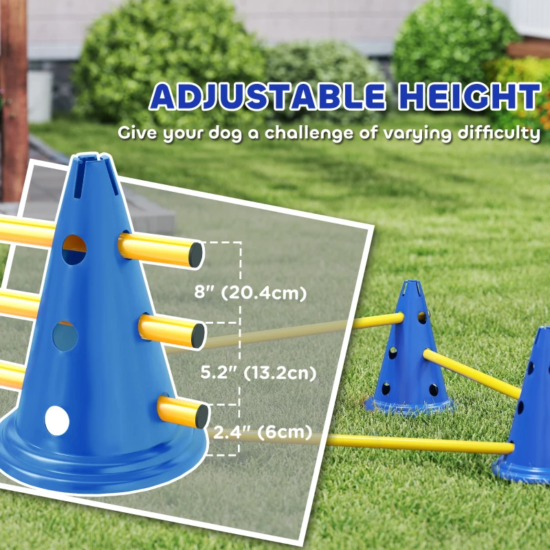 PawHut Dog Agility Hurdle Cone Set, Adjustable Obstacle Course Equipment with 6 Cones & 6 Poles, Carry Bag, Blue