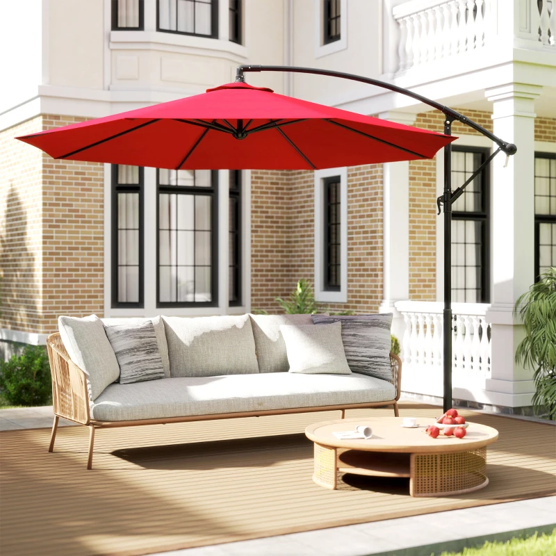 Outsunny 9.7ft Offset Patio UmbrellaCantilever Parasol with Crank Handle, 8 Ribs and Cross Base for Outdoor, Sun Shade, Wine Red