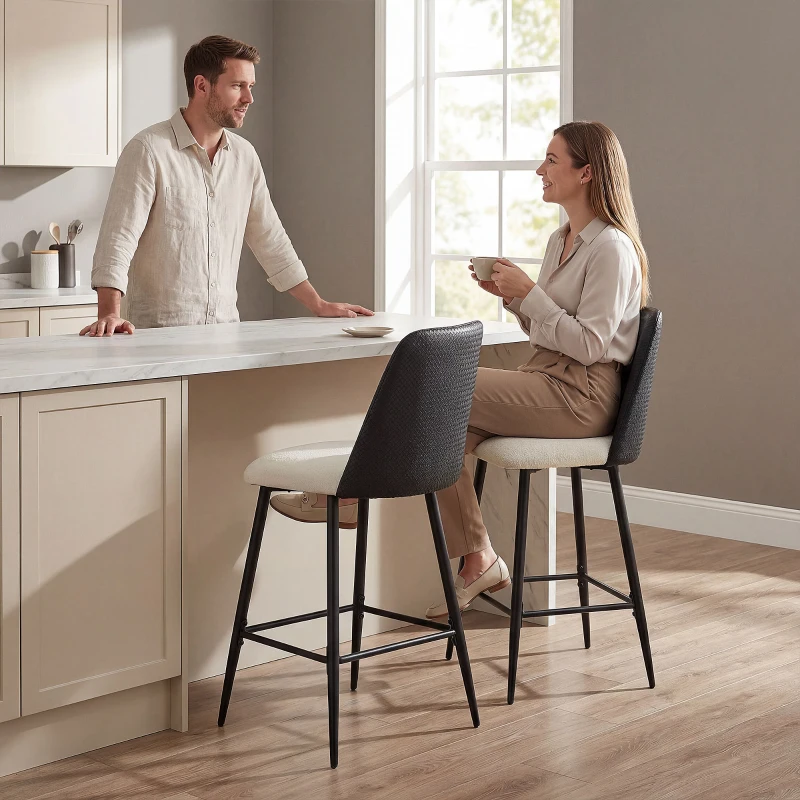 HOMCOM Bar Stools Set of 2, 26" Counter Height Bar Stools with PU Backrest, Linen-look Fabric Seat, Black