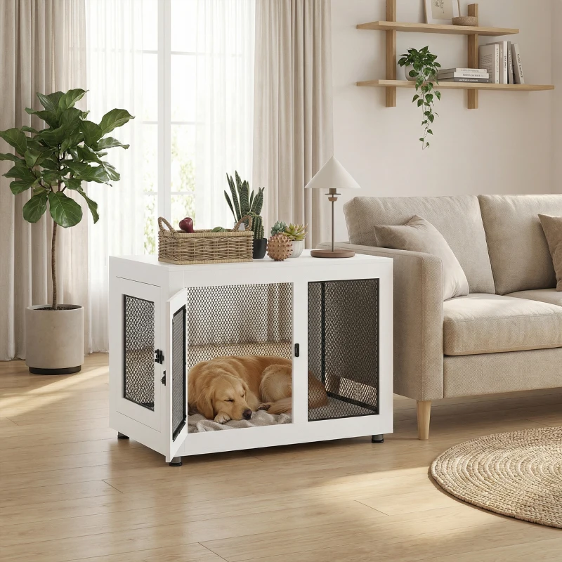 PawHut 37" Dog Crate Furniture with Cushion, Double Doors for Large Dogs, White