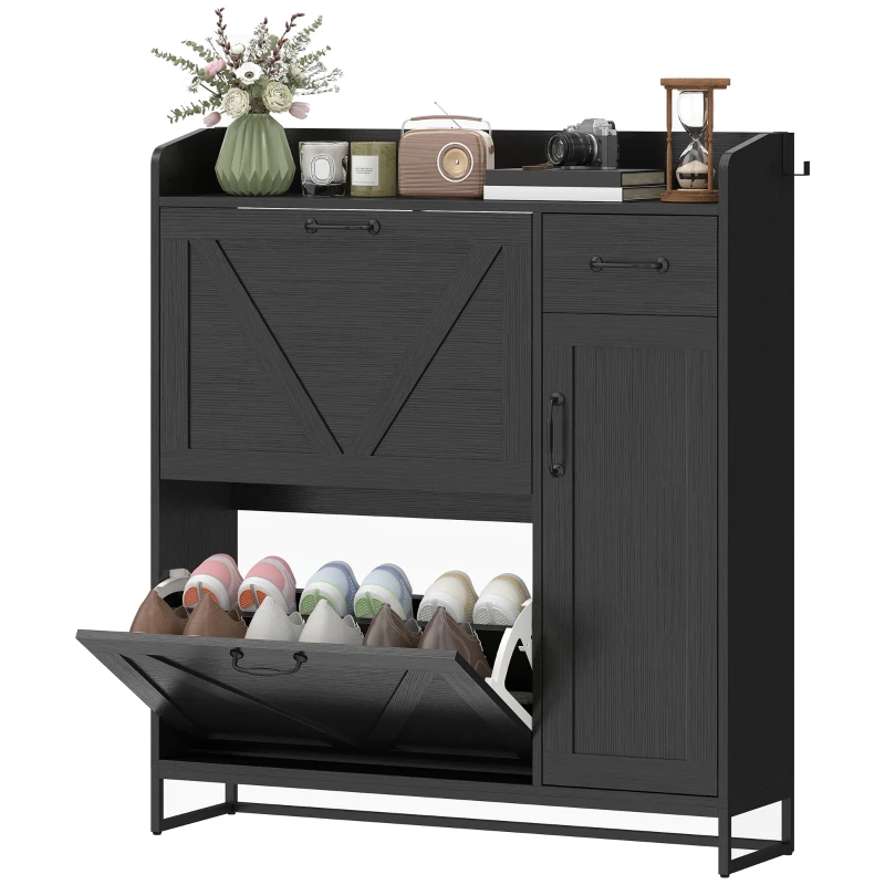 HOMCOM Farmhouse Shoe Storage Cabinet with Side Cabinet and Adjustable Shelves for Entryway, Hallway, Holds 12 Pairs, Black