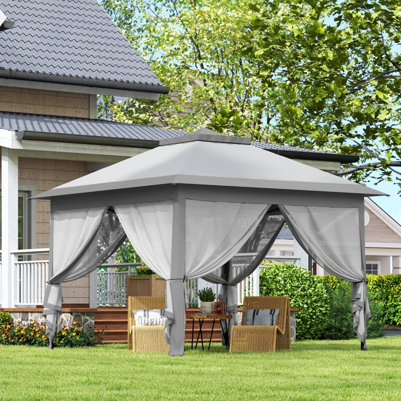 Outsunny 11' x 11' Pop Up Gazebo, Double Roof Foldable Height Adjustable Canopy Tent with Mesh Sidewalls, Carrying Bag, Grey