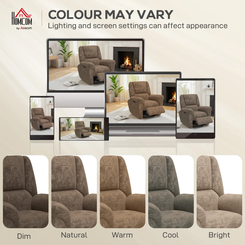 HOMCOM Power Recliner Chair, Fabric Upholstered Recliner Chair with USB Ports, Swivel and Rocking Function, Footrest