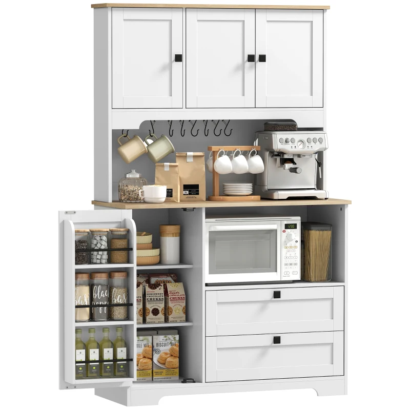 HOMCOM Kitchen Pantry Cabinet, 64" Tall Kitchen Hutch with 3 Cabinets, 2 Drawers, Adjustable Shelves, Microwave Stand, White
