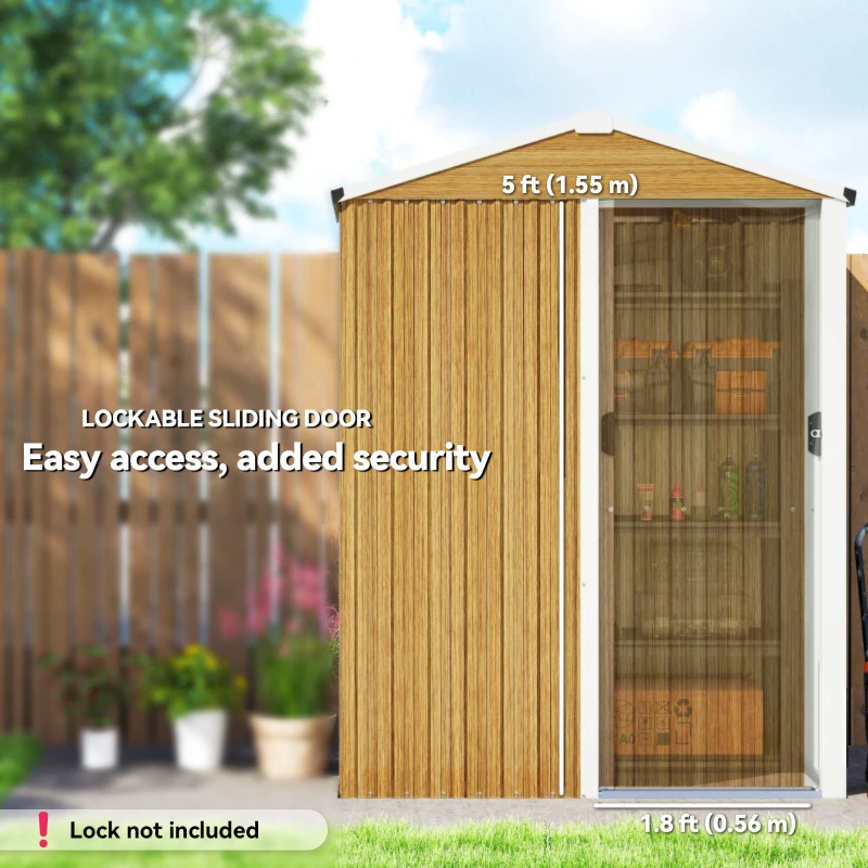 Outsunny 4.5 x 3ft Outdoor Storage Shed, Waterproof Metal Garden Shed with Lockable Door for Backyard, Patio, Lawn, Wood Grain