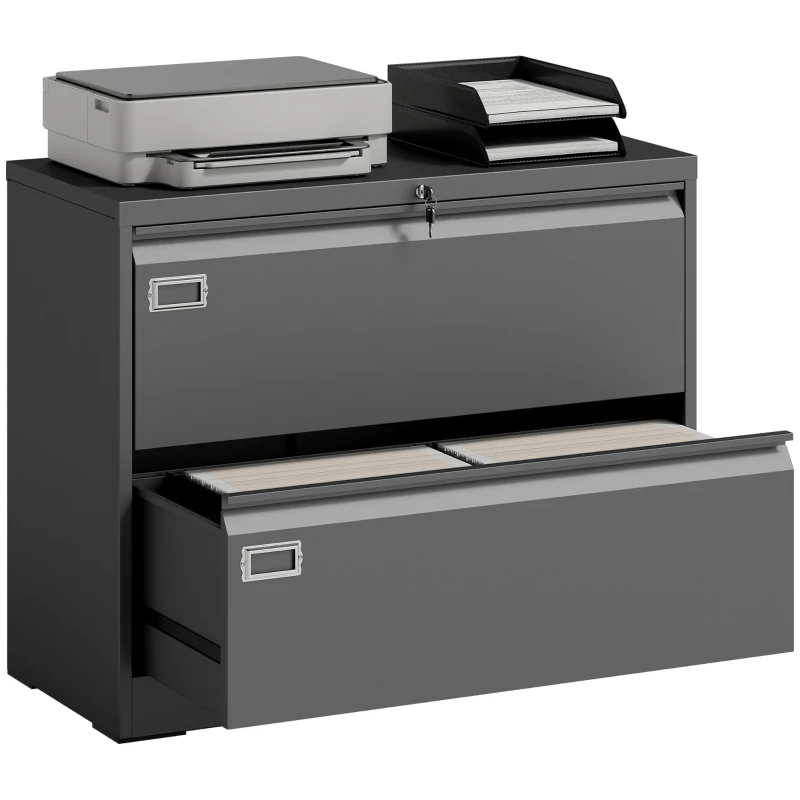 HOMCOM Lateral Filing Cabinet with 2 Drawers, Lockable Steel File Cabinet for A4/Letter/Legal Size Files, Black
