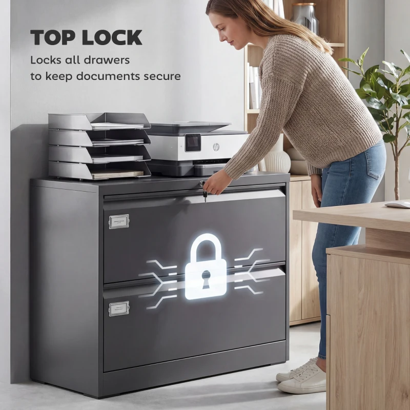 HOMCOM Lateral Filing Cabinet with 2 Drawers, Lockable Steel File Cabinet for A4/Letter/Legal Size Files, Black