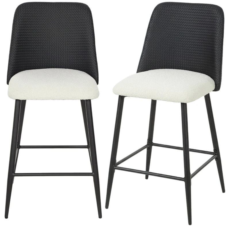 HOMCOM Bar Stools Set of 2, 26" Counter Height Bar Stools with PU Backrest, Linen-look Fabric Seat, Black