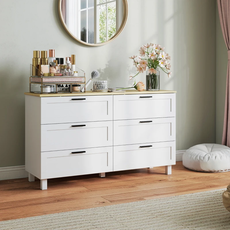 HOMCOM 47" Wide Chest of Drawers, Modern Dresser with 6 Drawers and Wood Legs for Bedroom, Living Room, Entryway, White