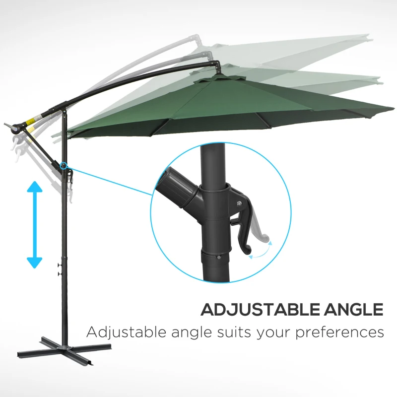 Outsunny 9.7ft Offset Patio UmbrellaCantilever Parasol with Crank Handle, 8 Ribs and Cross Base for Outdoor, Sun Shade, Green