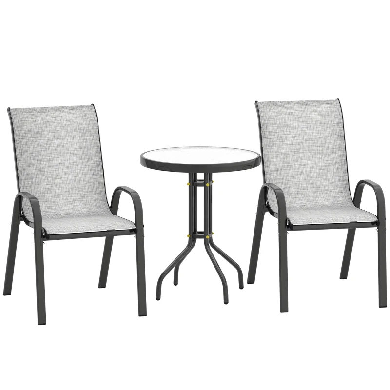 Outsunny 3 Pieces Bistro Set, Small Patio Furniture Set with Stackable Mesh Chairs, Glass Table for Garden, Balcony, Grey