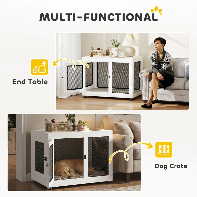 PawHut 37" Dog Crate Furniture with Cushion, Double Doors for Large Dogs, White