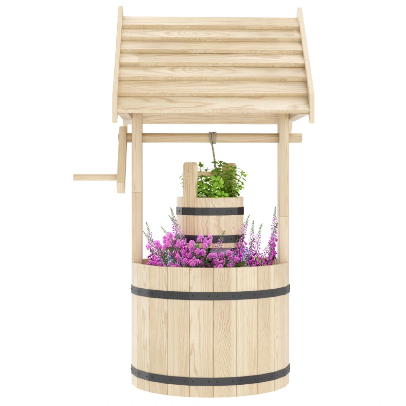 Outsunny Wood Wishing Well Outdoor Wooden Planter with Hanging Bucket and Drainage Hole for Garden, Patio, Backyard, Natural