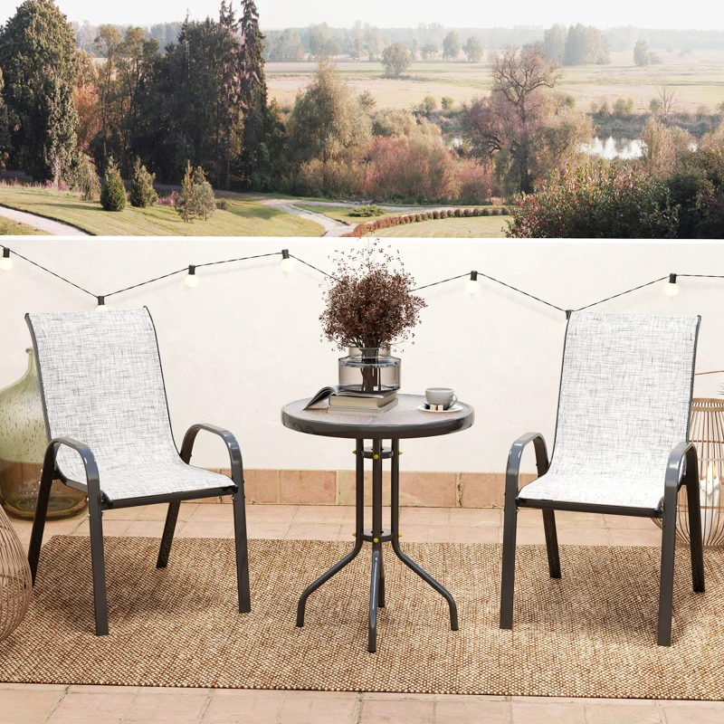 Outsunny 3 Pieces Bistro Set, Small Patio Furniture Set with Stackable Mesh Chairs, Glass Table for Garden, Balcony, Grey
