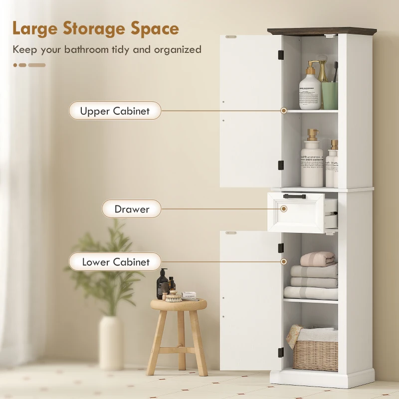 HOMCOM 65" Tall Bathroom Storage Cabinet, Freestanding Farmhouse Slim Bathroom Cabinet with 2 Doors, Shelves and Drawer, White