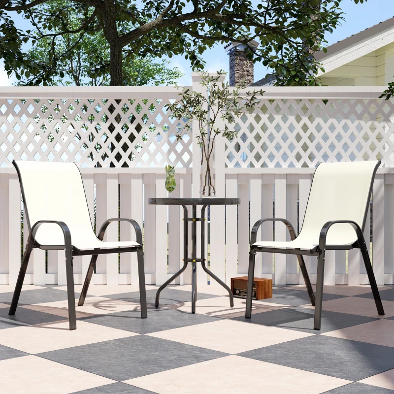 Outsunny 3 Pieces Bistro Set, Small Patio Furniture Set with Stackable Mesh Chairs, Glass Table for Garden, Balcony, Beige