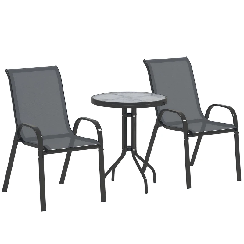 Outsunny 3 Pieces Bistro Set, Small Patio Furniture Set with Stackable Mesh Chairs, Glass Table for Garden, Balcony, Dark Grey