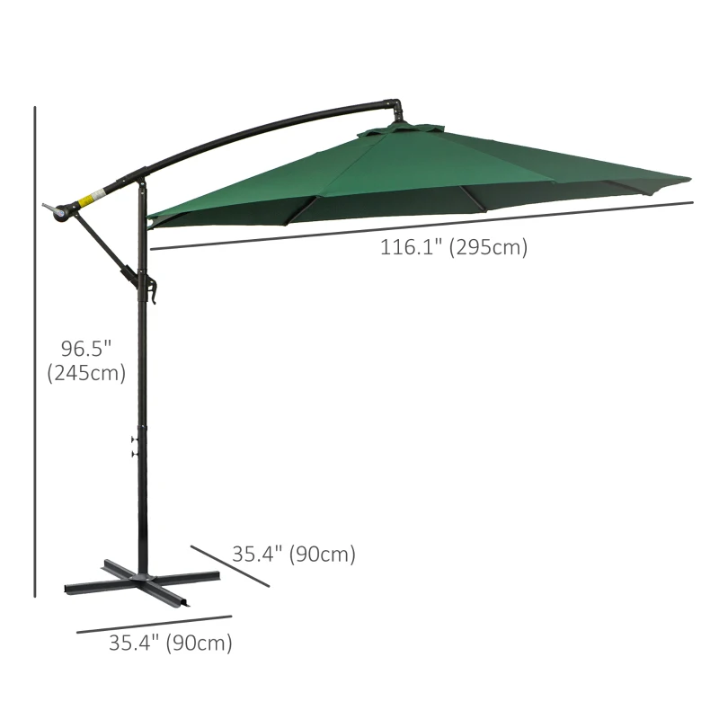 Outsunny 9.7ft Offset Patio UmbrellaCantilever Parasol with Crank Handle, 8 Ribs and Cross Base for Outdoor, Sun Shade, Green