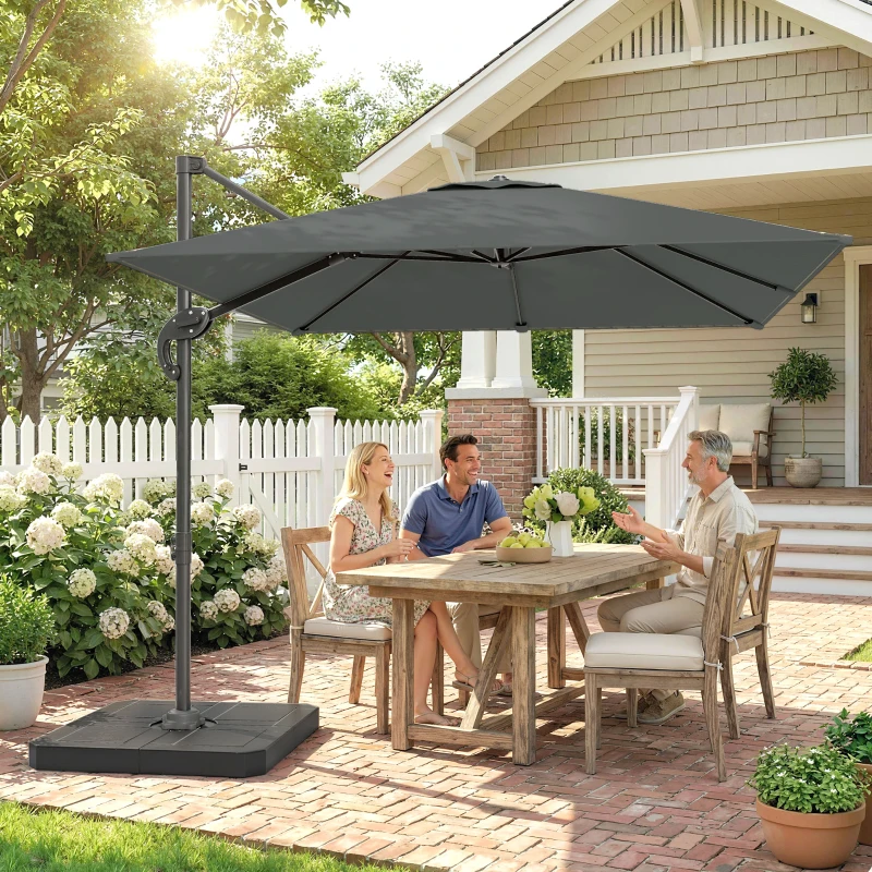 Outsunny 8' x 8' Offset Cantilever Patio Umbrella with Base Weights, UPF50+ Cantilever Parasol with 360° Rotation, Dark Grey