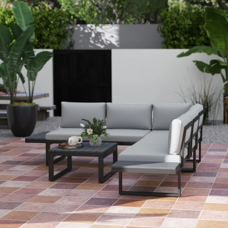 Outsunny 4 Pieces Outdoor Patio Furniture Set, 5-Level Reclining Garden Corner Sofa Set, Outdoor Lounge Conversation Sectional