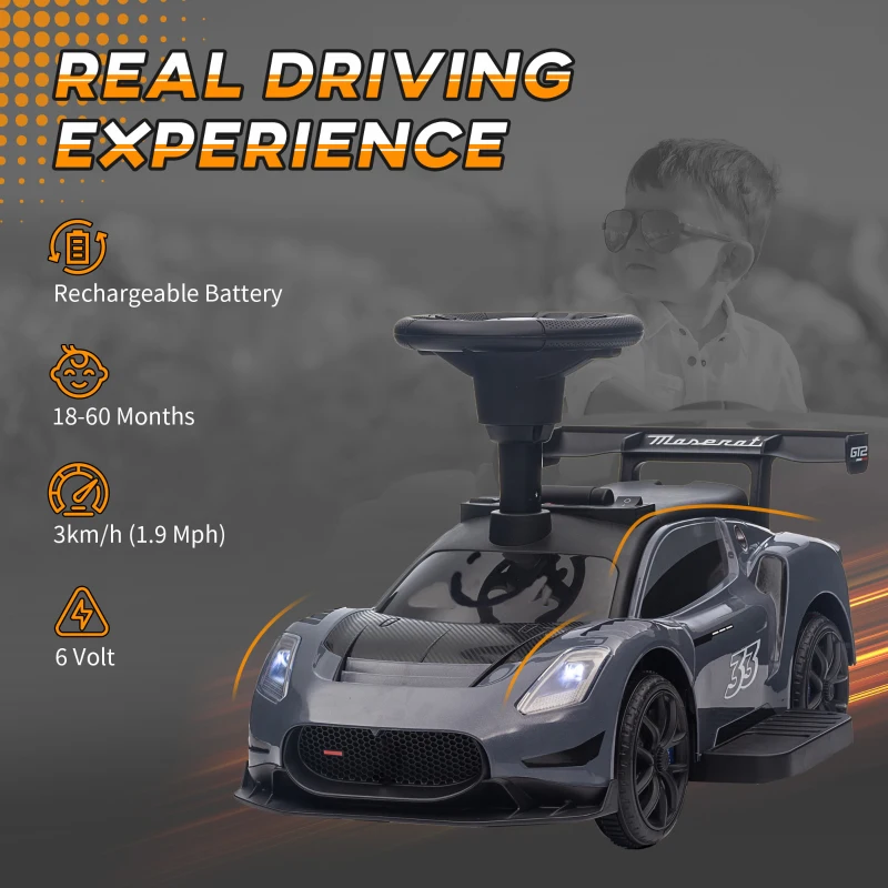 Qaba 6V Maserati GT2 Licensed Electric Car for Kids, Ride on Car with Under Seat Storage, LED Headlights Music, Grey